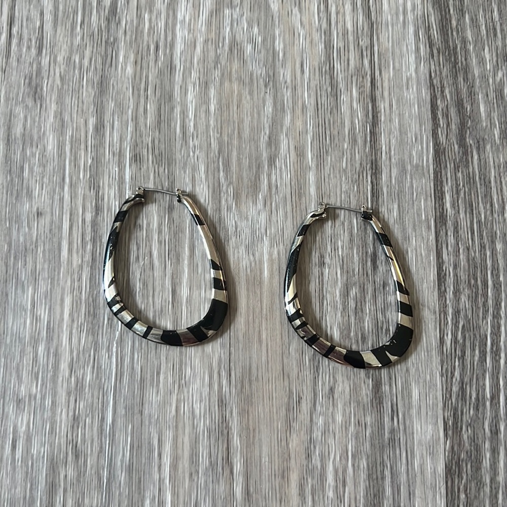 Silver and black earrings.